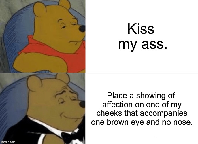 Disney is getting more subtle with its dialogue | Kiss my ass. Place a showing of affection on one of my cheeks that accompanies one brown eye and no nose. | image tagged in memes,tuxedo winnie the pooh,disney,kiss my ass,eye,puns | made w/ Imgflip meme maker