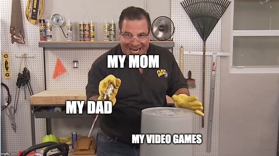 Phil Swift That's A Lotta Damage (Flex Tape/Seal) | MY MOM; MY DAD; MY VIDEO GAMES | image tagged in phil swift that's a lotta damage flex tape/seal | made w/ Imgflip meme maker
