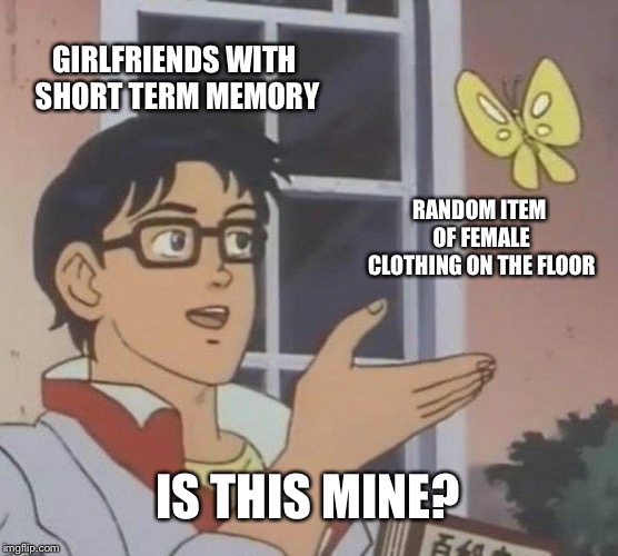 Is This A Pigeon | GIRLFRIENDS WITH SHORT TERM MEMORY; RANDOM ITEM OF FEMALE CLOTHING ON THE FLOOR; IS THIS MINE? | image tagged in memes,is this a pigeon | made w/ Imgflip meme maker