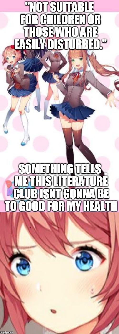 "NOT SUITABLE FOR CHILDREN
OR THOSE WHO ARE EASILY DISTURBED."; SOMETHING TELLS ME THIS LITERATURE CLUB ISNT GONNA BE TO GOOD FOR MY HEALTH | image tagged in ddlc | made w/ Imgflip meme maker