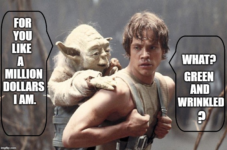 Padawan Luke Training as a Stand-Up Comic | FOR YOU  LIKE   A    MILLION DOLLARS  I AM. WHAT? GREEN AND; WRINKLED; ? | image tagged in vince vance,star wars yoda,luke skywalker,luke and yoda,yoda wisdom,padawan | made w/ Imgflip meme maker