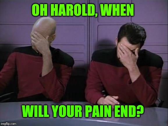 Double Facepalm | OH HAROLD, WHEN WILL YOUR PAIN END? | image tagged in double facepalm | made w/ Imgflip meme maker