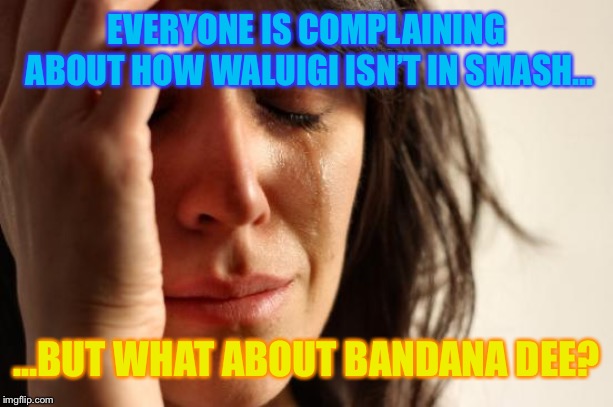 Bandana Dee squad rise up! | EVERYONE IS COMPLAINING ABOUT HOW WALUIGI ISN’T IN SMASH... ...BUT WHAT ABOUT BANDANA DEE? | image tagged in memes,first world problems,super smash bros | made w/ Imgflip meme maker