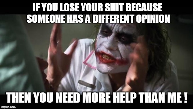 And everybody loses their minds Meme | IF YOU LOSE YOUR SHIT BECAUSE SOMEONE HAS A DIFFERENT OPINION; THEN YOU NEED MORE HELP THAN ME ! | image tagged in memes,and everybody loses their minds | made w/ Imgflip meme maker