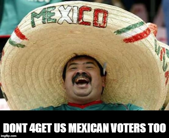 Happy Mexican | DONT 4GET US MEXICAN VOTERS TOO | image tagged in happy mexican | made w/ Imgflip meme maker