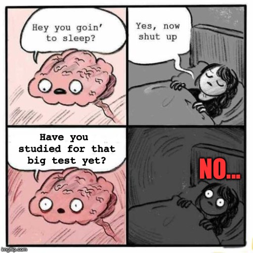 Have You Studied Yet? | Have you studied for that big test yet? NO... | image tagged in hey you going to sleep,funny,memes | made w/ Imgflip meme maker