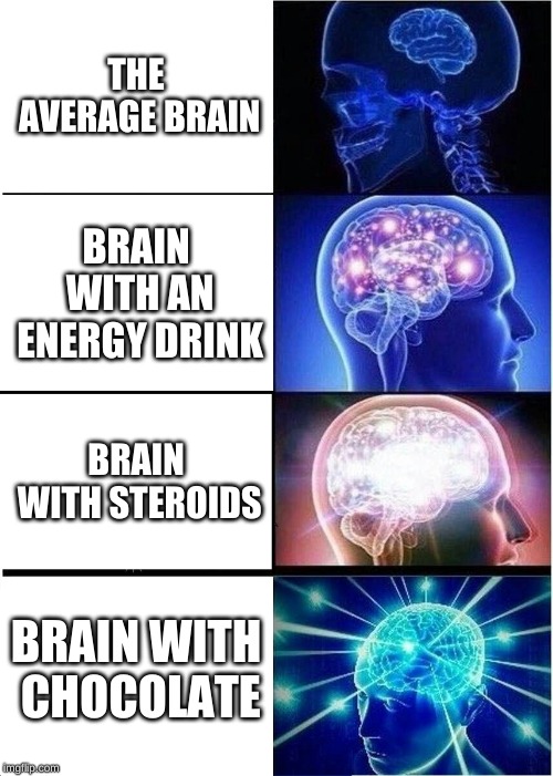 Expanding Brain Meme | THE AVERAGE BRAIN; BRAIN WITH AN ENERGY DRINK; BRAIN WITH STEROIDS; BRAIN WITH CHOCOLATE | image tagged in memes,expanding brain | made w/ Imgflip meme maker