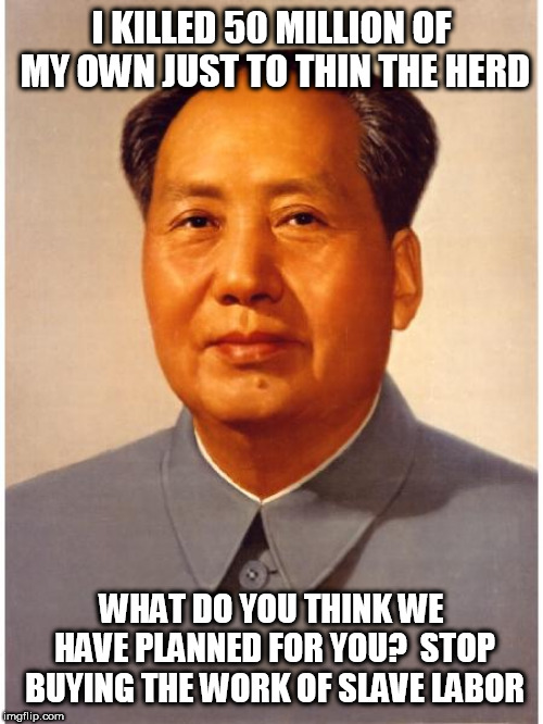 chairman mao | I KILLED 50 MILLION OF MY OWN JUST TO THIN THE HERD; WHAT DO YOU THINK WE HAVE PLANNED FOR YOU?

STOP BUYING THE WORK OF SLAVE LABOR | image tagged in chairman mao | made w/ Imgflip meme maker