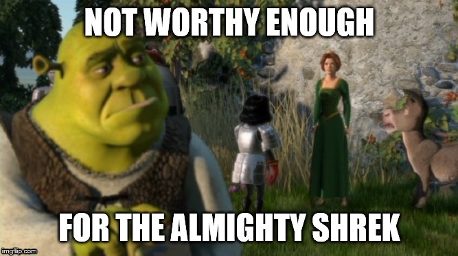 NOT WORTHY ENOUGH FOR THE ALMIGHTY SHREK |  NOT WORTHY ENOUGH; FOR THE ALMIGHTY SHREK | image tagged in memes | made w/ Imgflip meme maker
