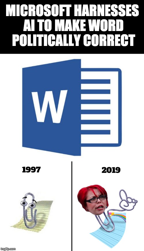 1984 | MICROSOFT HARNESSES AI TO MAKE WORD POLITICALLY CORRECT | image tagged in microsoft word | made w/ Imgflip meme maker