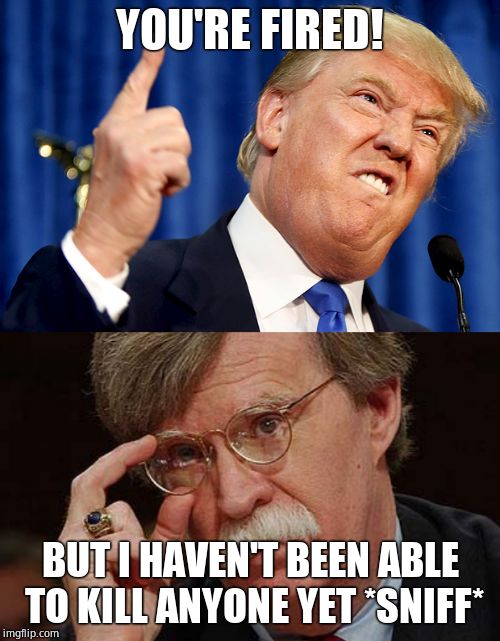 YOU'RE FIRED! BUT I HAVEN'T BEEN ABLE TO KILL ANYONE YET *SNIFF* | image tagged in donald trump,john bolton approves | made w/ Imgflip meme maker