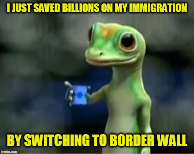 Geico Gecko | I JUST SAVED BILLIONS ON MY IMMIGRATION; BY SWITCHING TO BORDER WALL | image tagged in geico gecko | made w/ Imgflip meme maker