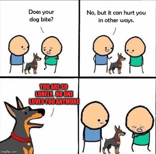 does your dog bite | YOU ARE SO LONELY,  NO ONE LOVES YOU ANYMORE | image tagged in does your dog bite | made w/ Imgflip meme maker
