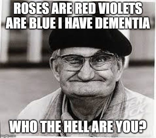 old man | ROSES ARE RED VIOLETS ARE BLUE I HAVE DEMENTIA; WHO THE HELL ARE YOU? | image tagged in old man | made w/ Imgflip meme maker
