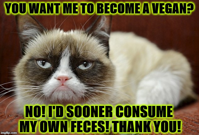 BECOME VEGAN | YOU WANT ME TO BECOME A VEGAN? NO! I'D SOONER CONSUME MY OWN FECES! THANK YOU! | image tagged in become vegan | made w/ Imgflip meme maker
