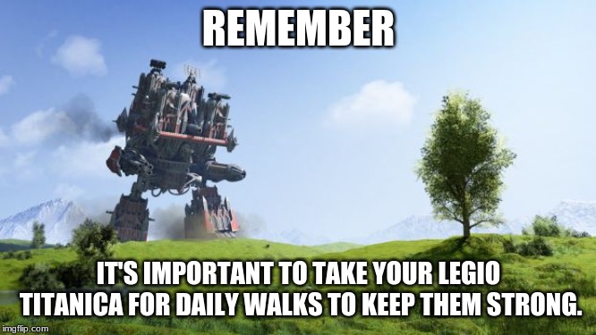 Solid Advice | REMEMBER; IT'S IMPORTANT TO TAKE YOUR LEGIO TITANICA FOR DAILY WALKS TO KEEP THEM STRONG. | image tagged in admech,adeptus mechanicus,warhammer40k,humor,titans | made w/ Imgflip meme maker