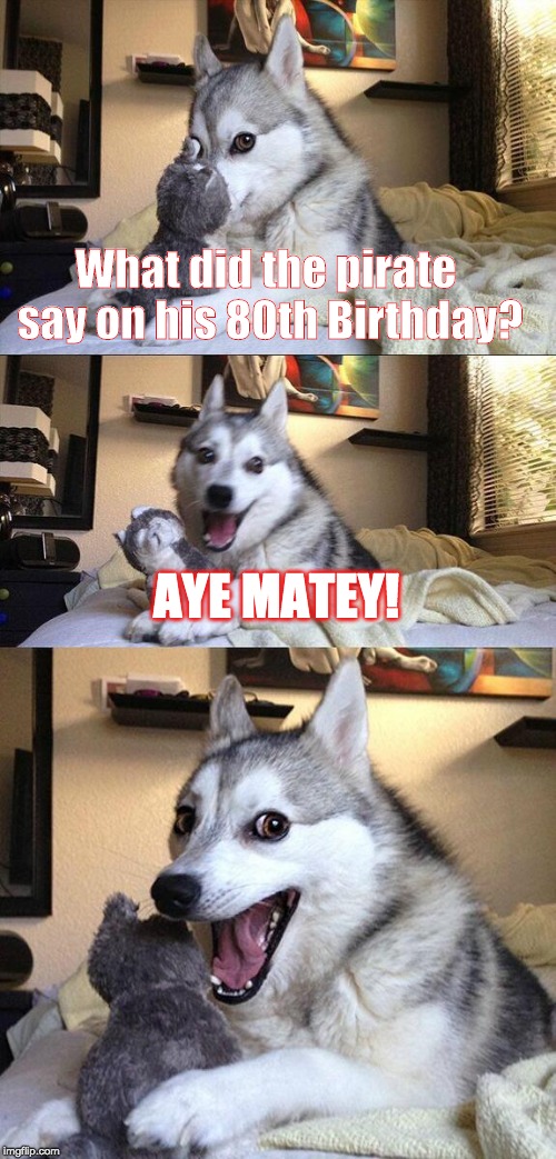 The Old Man and the Sea | What did the pirate say on his 80th Birthday? AYE MATEY! | image tagged in memes,bad pun dog | made w/ Imgflip meme maker