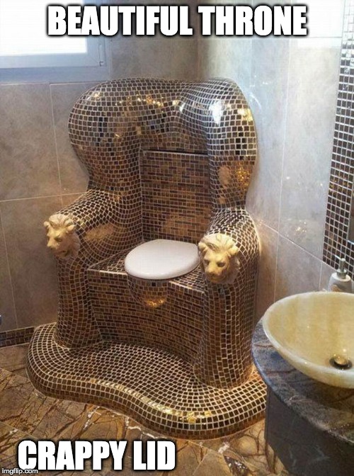 have a seat | BEAUTIFUL THRONE; CRAPPY LID | image tagged in toilet humor,bathroom,rich | made w/ Imgflip meme maker