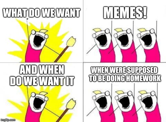 *sigh* | WHAT DO WE WANT; MEMES! WHEN WERE SUPPOSED TO BE DOING HOMEWORK; AND WHEN DO WE WANT IT | image tagged in memes,what do we want,homework,wasting time,my life,school | made w/ Imgflip meme maker