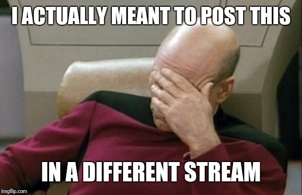 Captain Picard Facepalm Meme | I ACTUALLY MEANT TO POST THIS IN A DIFFERENT STREAM | image tagged in memes,captain picard facepalm | made w/ Imgflip meme maker