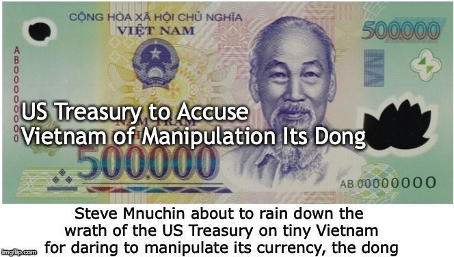 Hands Off | US Treasury to Accuse Vietnam of Manipulation Its Dong; Steve Mnuchin about to rain down the wrath of the US Treasury on tiny Vietnam for daring to manipulate its currency, the dong | image tagged in currency,vietnam,usa,manipulation | made w/ Imgflip meme maker