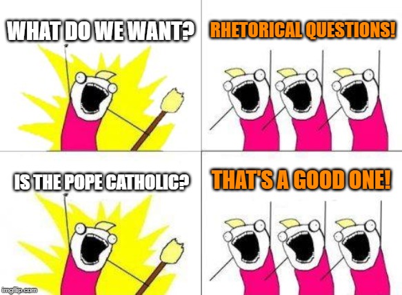 Ask and ye shall receive | WHAT DO WE WANT? RHETORICAL QUESTIONS! THAT'S A GOOD ONE! IS THE POPE CATHOLIC? | image tagged in memes,what do we want,rhetorical questions,pope,catholic | made w/ Imgflip meme maker