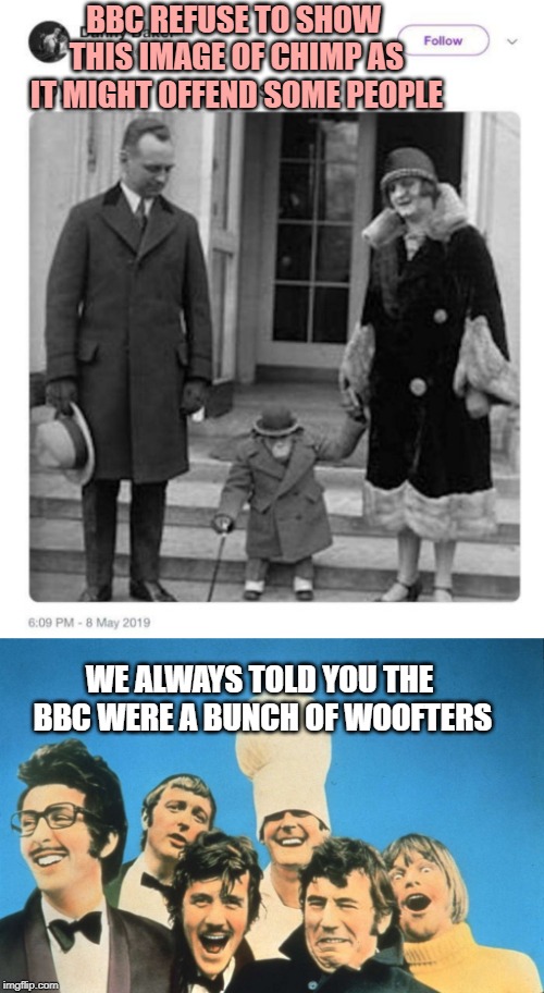 BBC REFUSE TO SHOW THIS IMAGE OF CHIMP AS IT MIGHT OFFEND SOME PEOPLE; WE ALWAYS TOLD YOU THE BBC WERE A BUNCH OF WOOFTERS | image tagged in bbc | made w/ Imgflip meme maker