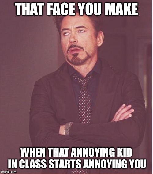 Face You Make Robert Downey Jr Meme | THAT FACE YOU MAKE; WHEN THAT ANNOYING KID IN CLASS STARTS ANNOYING YOU | image tagged in memes,face you make robert downey jr | made w/ Imgflip meme maker