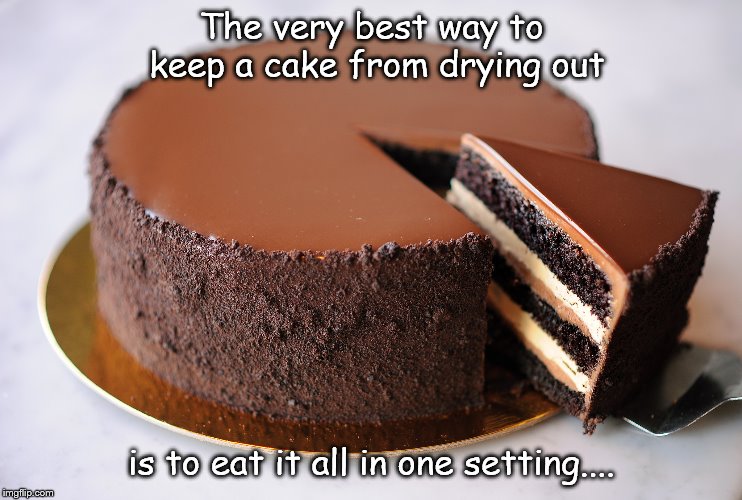 cake | The very best way to keep a cake from drying out; is to eat it all in one setting.... | image tagged in cake | made w/ Imgflip meme maker