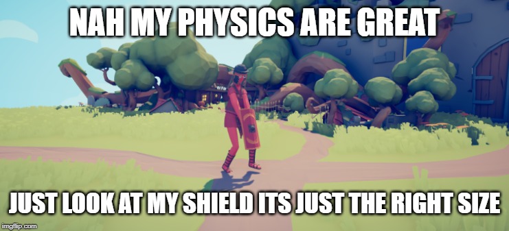 NAH MY PHYSICS ARE GREAT JUST LOOK AT MY SHIELD ITS JUST THE RIGHT SIZE | image tagged in a shield the right size | made w/ Imgflip meme maker