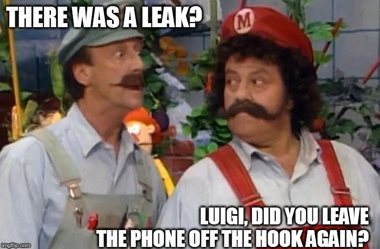 THERE WAS A LEAK? LUIGI, DID YOU LEAVE THE PHONE OFF THE HOOK AGAIN? | made w/ Imgflip meme maker
