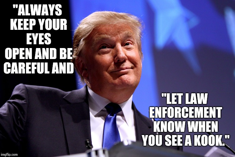 Kook.  Noun Slang.  An Eccentric, Strange, or Foolish Person | "ALWAYS KEEP YOUR EYES OPEN AND BE CAREFUL AND; "LET LAW ENFORCEMENT KNOW WHEN YOU SEE A KOOK." | image tagged in donald trump no2,trump unfit unqualified dangerous,liar in chief,lock him up,memes,trump traitor | made w/ Imgflip meme maker