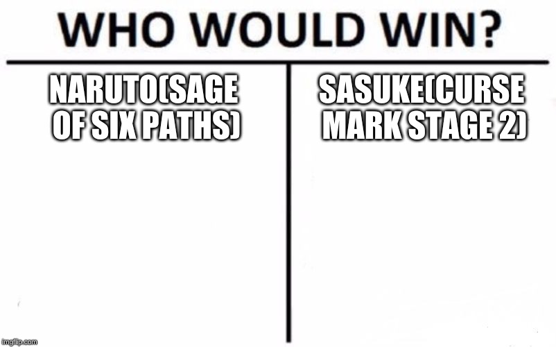 Who Would Win? | NARUTO(SAGE OF SIX PATHS); SASUKE(CURSE MARK STAGE 2) | image tagged in memes,who would win | made w/ Imgflip meme maker