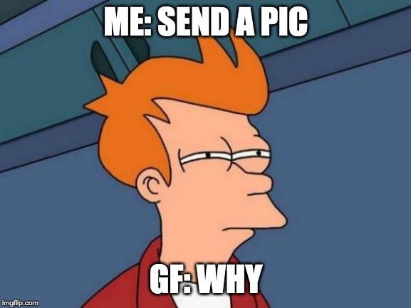 Futurama Fry Meme | ME: SEND A PIC; GF: WHY | image tagged in memes,futurama fry | made w/ Imgflip meme maker