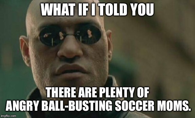 Angry ball-busting soccer moms | WHAT IF I TOLD YOU THERE ARE PLENTY OF ANGRY BALL-BUSTING SOCCER MOMS. | image tagged in memes,matrix morpheus,soccer mom,angry,rage,ball | made w/ Imgflip meme maker