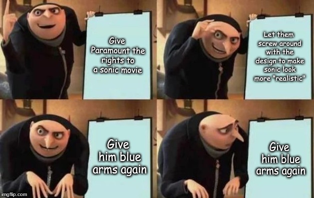 Gru's Plan | Give Paramount the rights to a sonic movie; Let them screw around with the design to make sonic look more "realistic"; Give him blue arms again; Give him blue arms again | image tagged in gru's plan | made w/ Imgflip meme maker