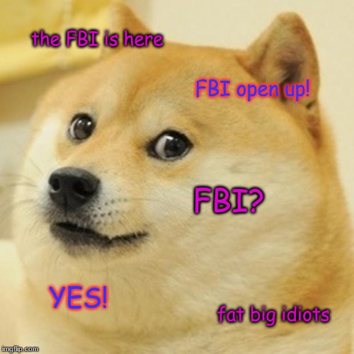 Doge | the FBI is here; FBI open up! FBI? YES! fat big idiots | image tagged in memes,doge | made w/ Imgflip meme maker
