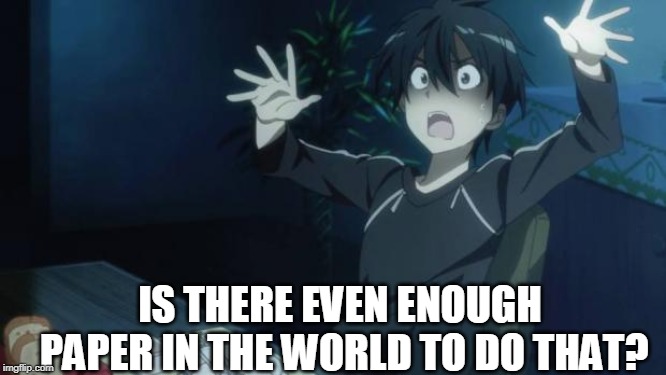 scared kirito | IS THERE EVEN ENOUGH PAPER IN THE WORLD TO DO THAT? | image tagged in scared kirito | made w/ Imgflip meme maker