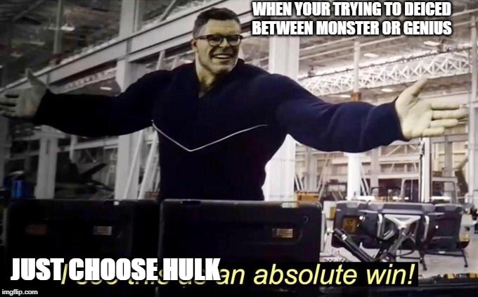 Professor hulk | WHEN YOUR TRYING TO DEICED BETWEEN MONSTER OR GENIUS; JUST CHOOSE HULK | image tagged in professor hulk | made w/ Imgflip meme maker