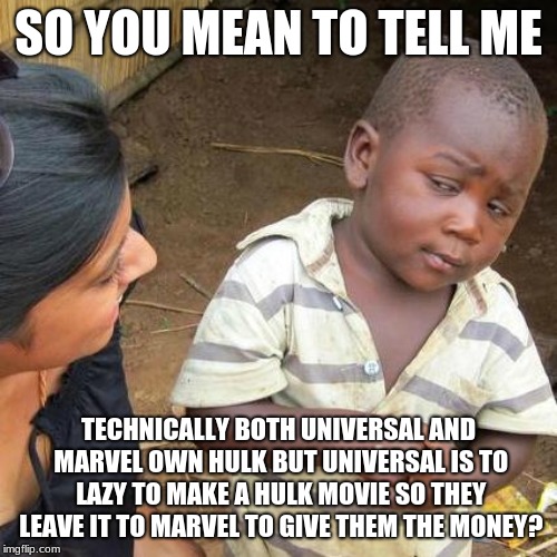 Third World Skeptical Kid Meme | SO YOU MEAN TO TELL ME; TECHNICALLY BOTH UNIVERSAL AND MARVEL OWN HULK BUT UNIVERSAL IS TO LAZY TO MAKE A HULK MOVIE SO THEY LEAVE IT TO MARVEL TO GIVE THEM THE MONEY? | image tagged in memes,third world skeptical kid | made w/ Imgflip meme maker
