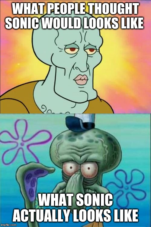 Squidward | WHAT PEOPLE THOUGHT SONIC WOULD LOOKS LIKE; WHAT SONIC ACTUALLY LOOKS LIKE | image tagged in memes,squidward | made w/ Imgflip meme maker