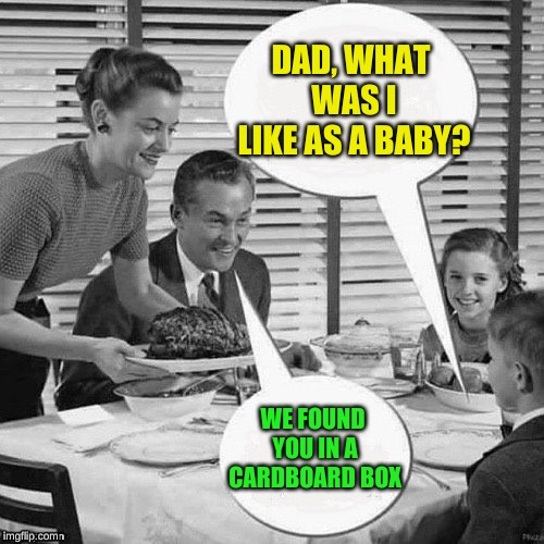 Vintage Family Dinner | DAD, WHAT WAS I LIKE AS A BABY? WE FOUND YOU IN A CARDBOARD BOX | image tagged in vintage family dinner | made w/ Imgflip meme maker