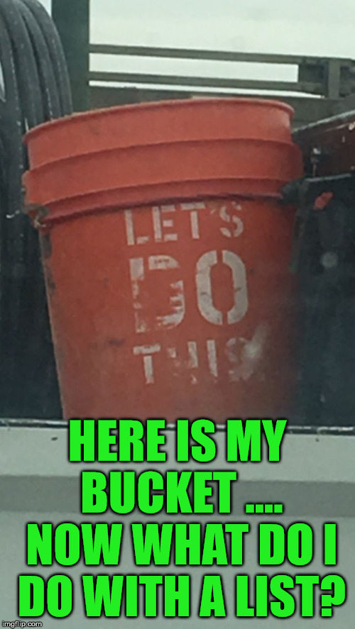 Bucket list  | HERE IS MY BUCKET .... NOW WHAT DO I DO WITH A LIST? | image tagged in bucket list | made w/ Imgflip meme maker