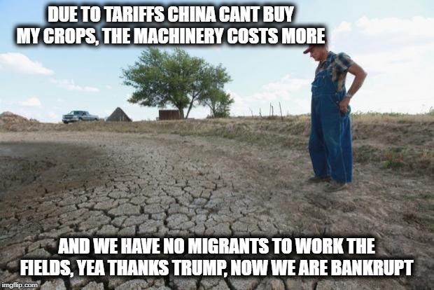 Lesson to farmers on how to shoot your own foot. | DUE TO TARIFFS CHINA CANT BUY MY CROPS, THE MACHINERY COSTS MORE; AND WE HAVE NO MIGRANTS TO WORK THE FIELDS, YEA THANKS TRUMP, NOW WE ARE BANKRUPT | image tagged in memes,farmer,politics,maga,impeach trump,sad | made w/ Imgflip meme maker