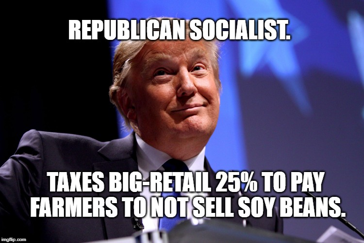 Donald Trump No2 | REPUBLICAN SOCIALIST. TAXES BIG-RETAIL 25% TO PAY FARMERS TO NOT SELL SOY BEANS. | image tagged in donald trump no2 | made w/ Imgflip meme maker