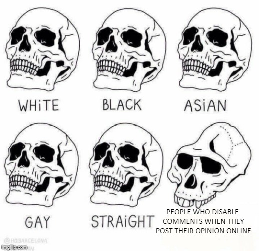 retarded caveman skulls | PEOPLE WHO DISABLE COMMENTS WHEN THEY POST THEIR OPINION ONLINE | image tagged in retarded caveman skulls | made w/ Imgflip meme maker