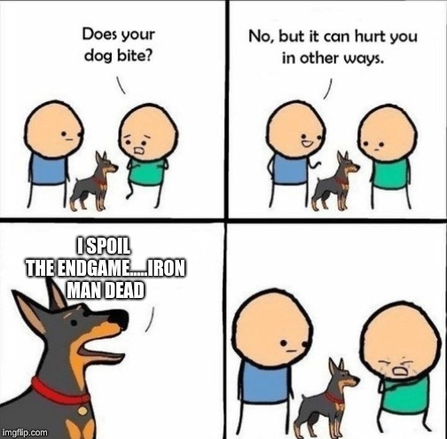 does your dog bite | I SPOIL THE ENDGAME.....IRON MAN DEAD | image tagged in does your dog bite | made w/ Imgflip meme maker