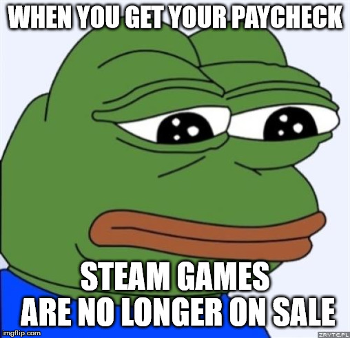 sad frog | WHEN YOU GET YOUR PAYCHECK; STEAM GAMES ARE NO LONGER ON SALE | image tagged in sad frog | made w/ Imgflip meme maker