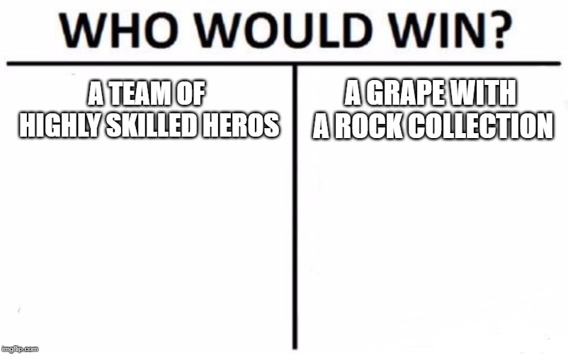 Who Would Win? Meme |  A TEAM OF HIGHLY SKILLED HEROS; A GRAPE WITH A ROCK COLLECTION | image tagged in memes,who would win | made w/ Imgflip meme maker