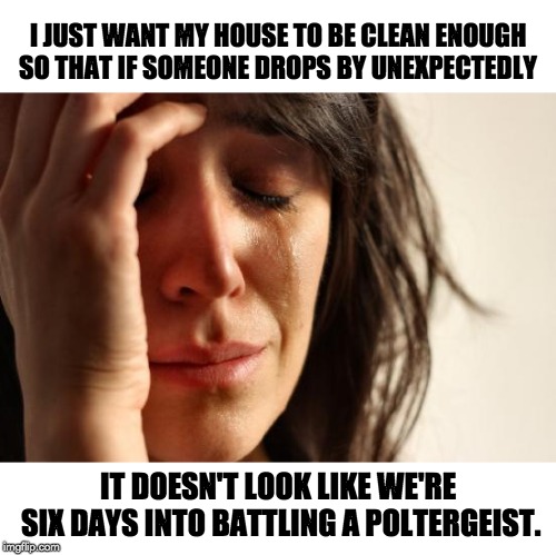 First World Problems Meme | I JUST WANT MY HOUSE TO BE CLEAN ENOUGH SO THAT IF SOMEONE DROPS BY UNEXPECTEDLY; IT DOESN'T LOOK LIKE WE'RE SIX DAYS INTO BATTLING A POLTERGEIST. | image tagged in memes,first world problems | made w/ Imgflip meme maker